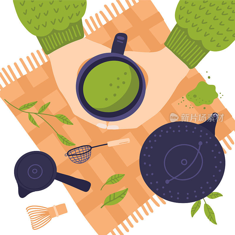 Top view Hands with cup of matcha tea. Flat lay composition with different elements. Vector illustration.